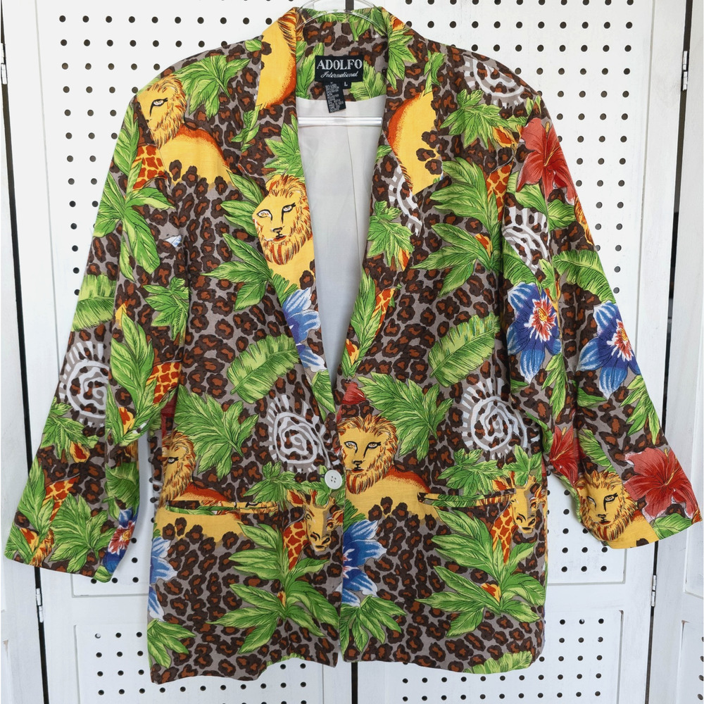 Vintage Adolfo International Womens SIZE L Linen Blazer Safari Wearable Art